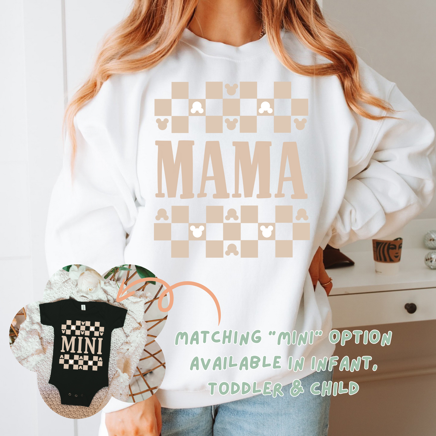 Beige Checkered Mouse Ears Mama Shirt/Crewneck