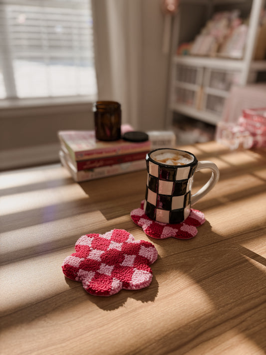 Red & Pink Checkered Daisy Cozy Coaster