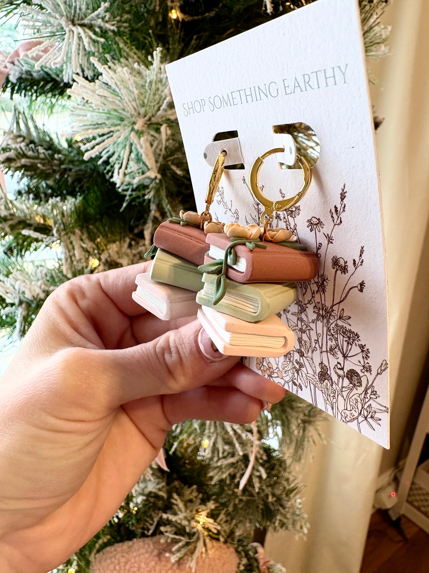 Handmade Clay Bookstack Floral Earrings