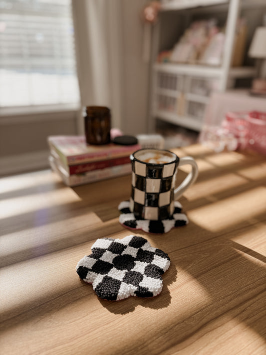 *PREORDER* Black & White Checkered Daisy Cozy Coaster