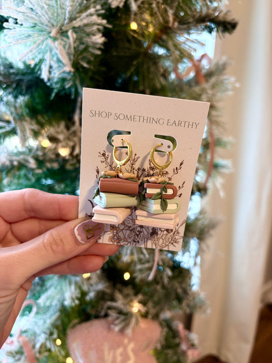 Handmade Clay Bookstack Floral Earrings