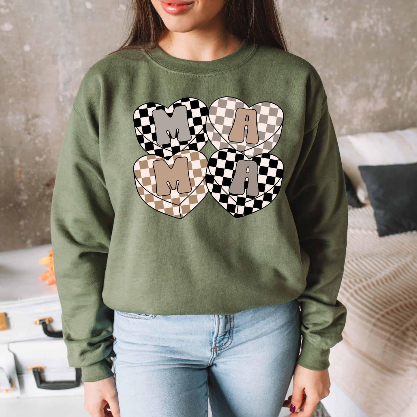 Neutral Checkered Mama Hearts - Shirt/Crewneck